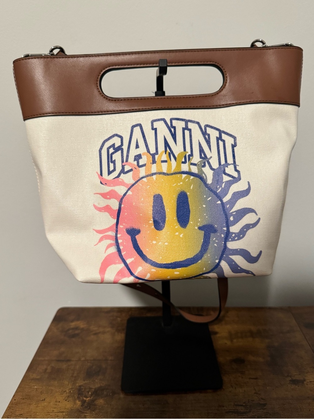 GANNI Cream Canvas & Brown Leather Smile Tote Small